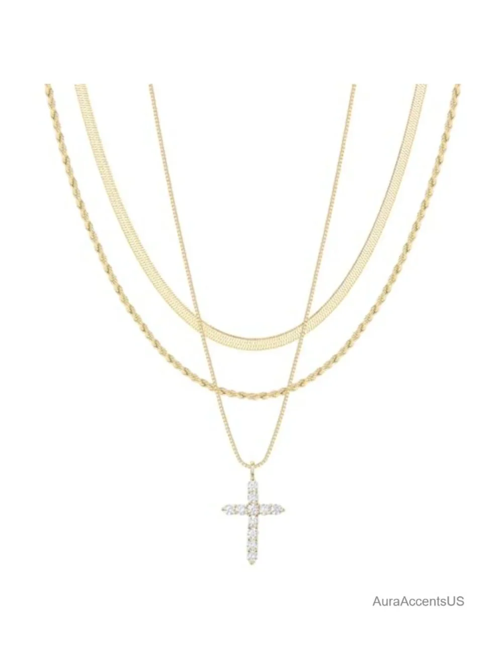 Gold Plated Layered Cross Necklace Set for Women Christian Jewelry Gift